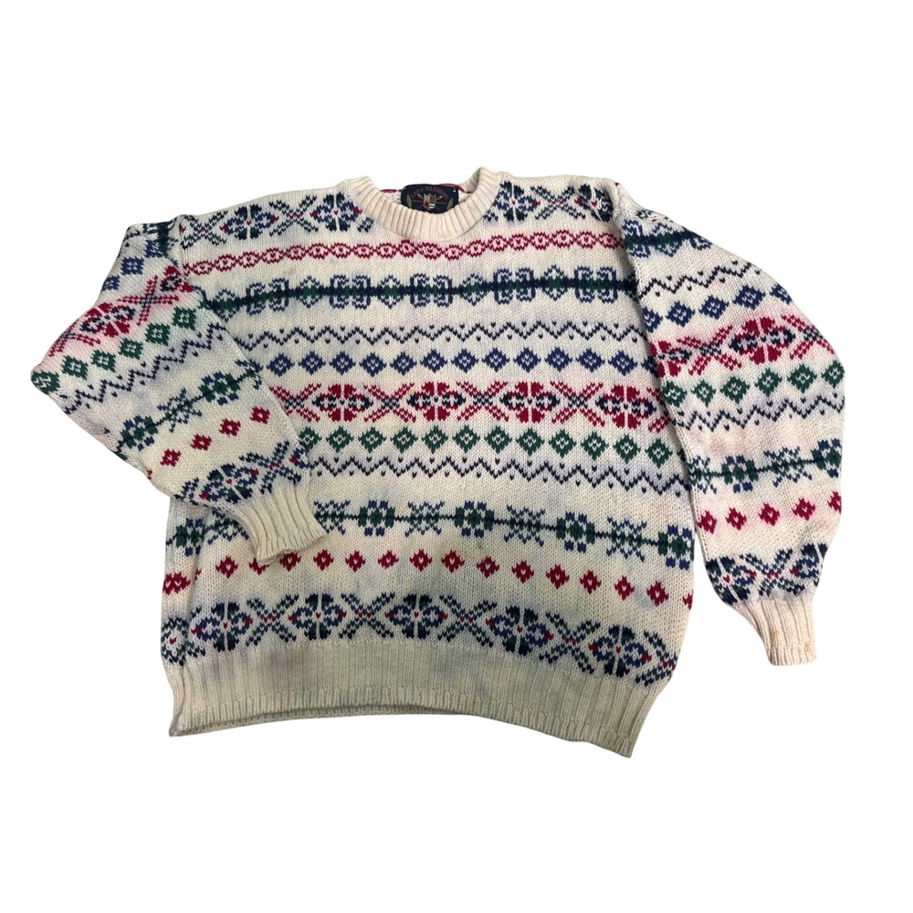 Lake Harmony USA Vintage Fair Isle Cotton Knit Sweater Mens XL Cream Red Navy